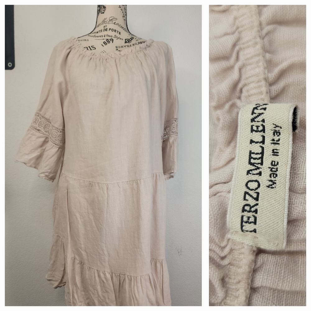Terzo Millenio Womens Linen Off The Shoulder Tiered Dress Sz Large Sand Coastal